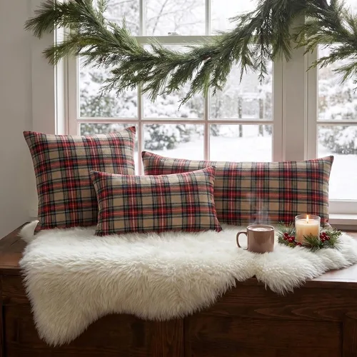 Vista 6 de Juego de 2 fundas de almohada lumbar de Navidad para exteriores de tartán Tartán lumbar marrón
