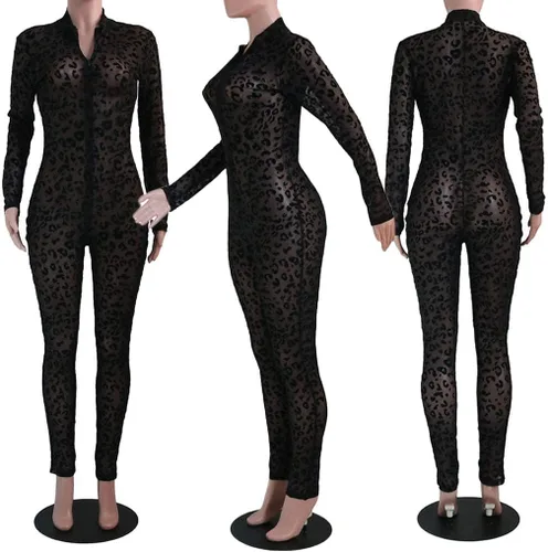 Vista 5 de Uni Clau - Mono para mujer, entallado, translúcido, de una pieza, con cuello en V profundo, de malla enteriza estampada de leopardo, para discotecas