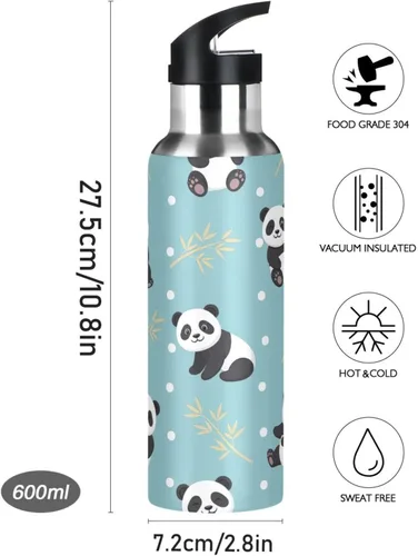 Vista 9 de Cute Cartoon Pandas Poses Insulated Stainless Steel Water Bottle with Straw 20 Oz, BPA-Free Sports Water Bottle with Straw Leakproof Water Bottles