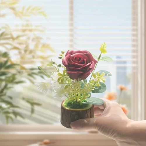 Vista 3 de Plantas artificiales en maceta, mini ramo de rosas de seda con maceta de Rojo + Rosa + Azul
