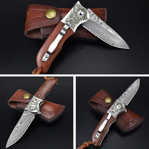 Vista 3 de Cuchillo de bolsillo de Damasco AUBEY con clip, cuchillos plegables con hoja de acero Damasco VG10, mango de madera, cuchillos EDC plegables