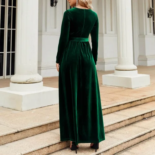Vista 3 de Vestido largo para mujer, primavera, otoño e invierno, elegante, estilo temperamento, terciopelo dorado, liso, vestido largo para mujer