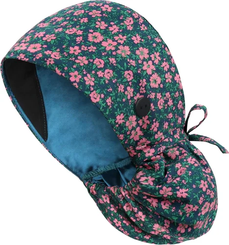 Vista 9 de Gorra médica con forro de satén con bolsillo para cola de caballo, gorro de enfermera médica de algodón con banda elástica para el sudor