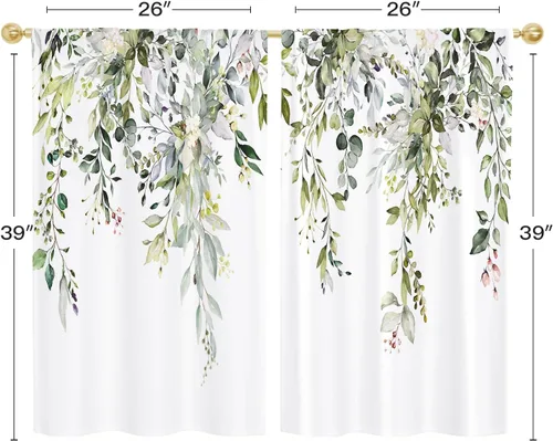 Vista 3 de Gibelle Cortinas de cocina rústicas de eucalipto estilo granja boho florales botánicas de salvia hojas verdes pequeñas y cortas para ventanas