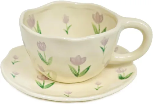 Vista 7 de Noviko Taza de Cerámica a Cuadros Juego de Taza de Té y Platillo de 10 onzas