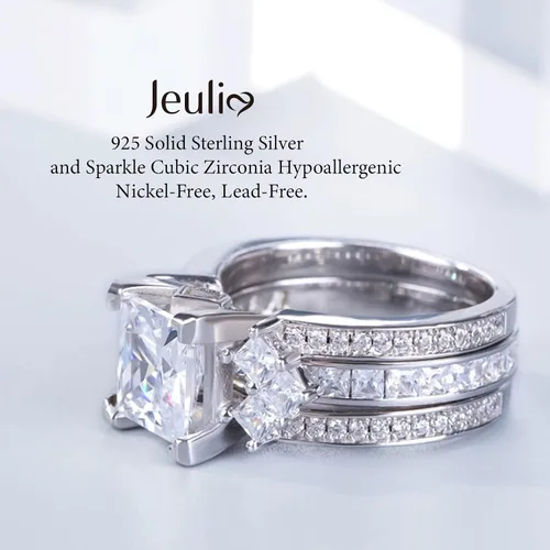 Vista 5 de Jeulia - Juego de anillos de novia de 4.1 quilates para mujer, anillos de compromiso de corte princesa, anillos intercambiables de boda de plata