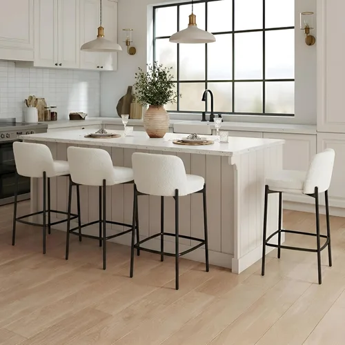 Vista 12 de 26 Inch Counter Height Bar Stools Set of 2, Modern Barstools, Beige Breathable Linen Upholstered Counter Stools, Ergonomic Backrest, Black Metal