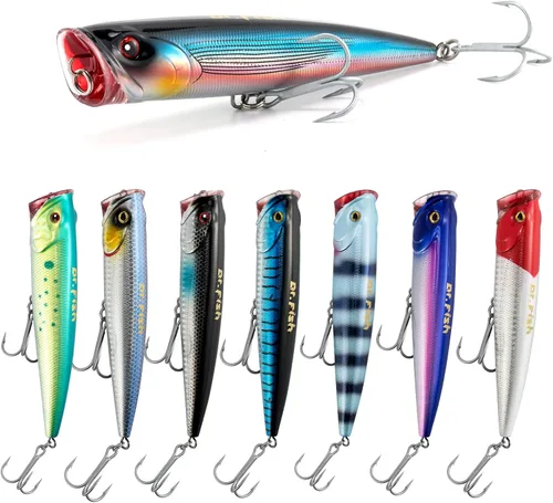 Vista 8 de Dr.Fish Popper - Señuelos de pesca de agua salada, 4/5.5 pulgadas GT Popper VMC anzuelos agudos señuelos de pesca para lubina, lucio, salmón en alta