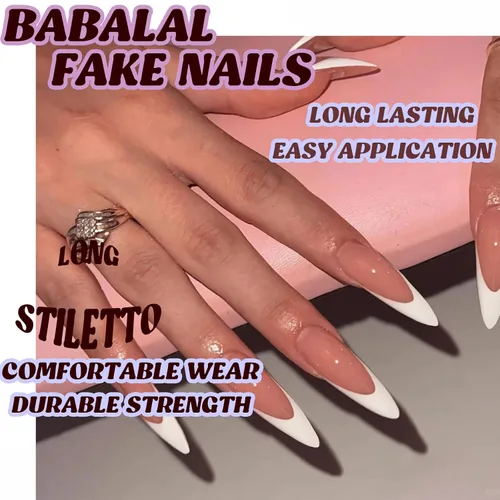 Vista 5 de BABALAL Uñas Postizas Largas de Estilete para Pegar Blancas Uñas Falsas con Punta Francesa Diseño con Pegamento Suministros de Arte 24 Piezas XL