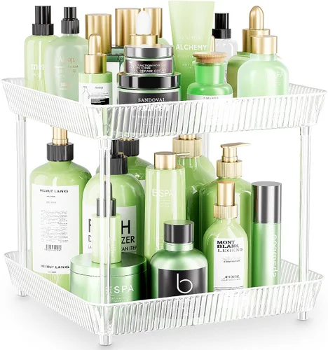 Vista 10 de Bandeja de almacenamiento giratoria transparente de 360°, organizador de encimera de baño Lazy Susan de 2 niveles, organizador de cosméticos
