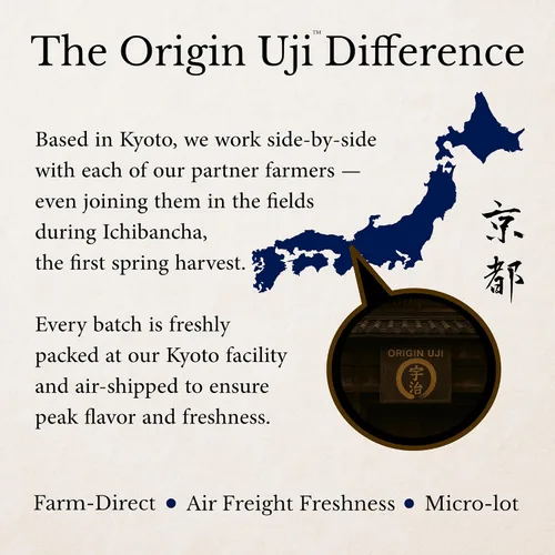 Vista 6 de Origin Uji Grado Ceremonial Superior de Polvo de Té Verde Matcha, Cultivar Único Yabukita, Primera Cosecha, Cultivado a Sombra, Molido en Piedra por