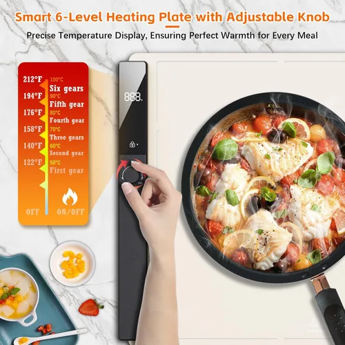 Vista 2 de Tapete eléctrico para calentar alimentos, bandeja de calentamiento eléctrica de silicona con bloqueo para niños, temporizador, placa caliente