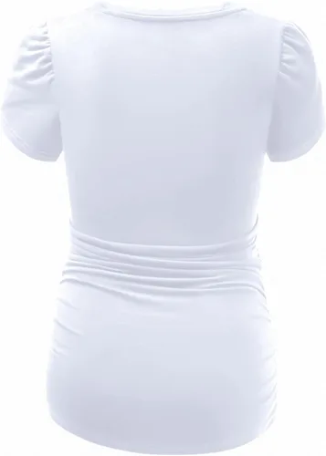 Vista 2 de GINKANA Camiseta de maternidad con manga corta de pétalo, cuello en V, con laterales fruncidos, informal, básica, túnica para embarazo