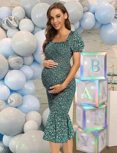 Vista 4 de Vestidos de maternidad midi bodycon floral de primavera, manga larga abombada cuello cuadrado dobladillo con volantes sirena baby showersesión