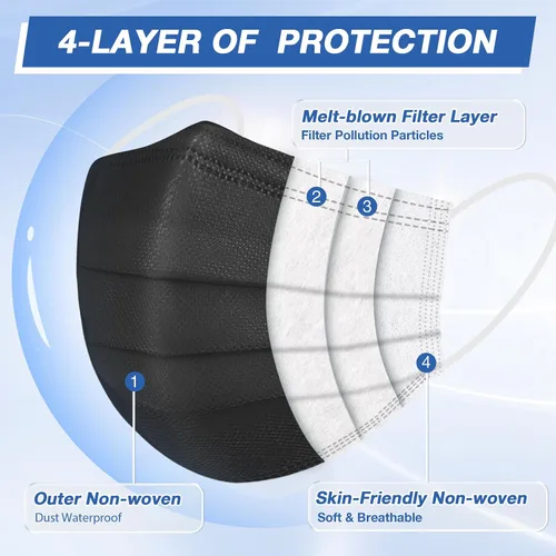 Vista 4 de XDX Mascarillas desechables negras, paquete de 50 unidades, mascarillas de 4 capas envueltas individualmente para mujeres, hombres, adultos, unisex