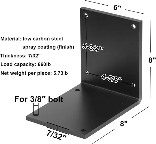 Vista 2 de 2 soportes de ángulo en L de acero resistente de 8 x 8 x 6 pulgadas, grosor de 7/32 pulgadas, carga máxima de 660 libras Max Load 660 lbs