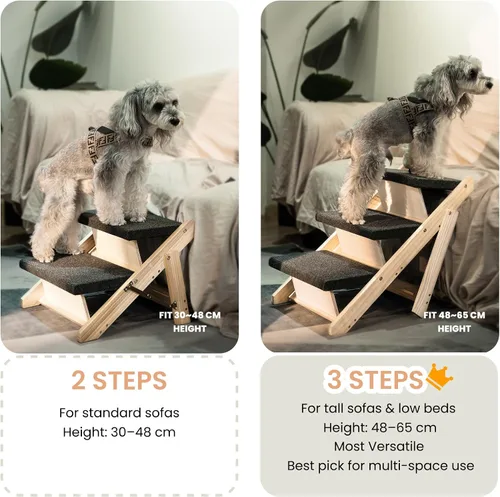 Vista 6 de MEWANG Wood Pet Stairs/Pet Steps - Escalera y rampa plegable de 2 niveles para perros, perfecta para camas y coches - Escalera portátil