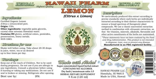 Vista 2 de Limón Sin Alcohol líquido, extracto de limón (citrus X Limon) secas Peel glycerite Hawaii Pharm Suplemento de hierbas naturales