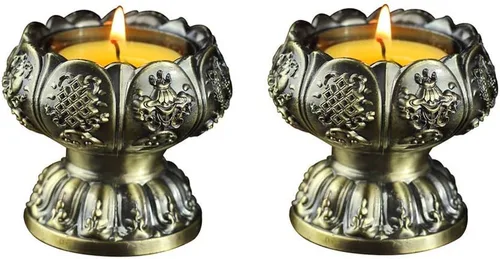 Vista 4 de Portavelas de flor de loto – Taza budista tibetana para oferta de agua, soporte para lámpara de aceite para meditación de Altar de Buda (bronce)