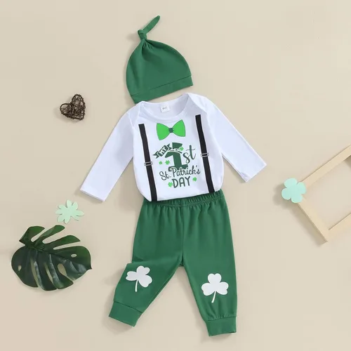 Vista 5 de Bonangber Conjunto de pantalones deportivos para bebé recién nacido, para el día de San Patricio, trébol de la suerte, manga corta, pantalón