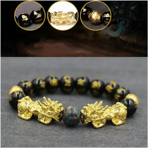 Vista 5 de Pulseras para hombre, pulsera de riqueza, pulsera de Feng Shui Pi Xiu, cuentas de piedra, obsidiana negra, para hombres y mujeres, pulsera