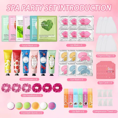 Vista 2 de 60 piezas de suministros de fiesta de spa para niñas, incluyen máscaras faciales, máscara labial, parches debajo de los ojos, bálsamo labial, bombas