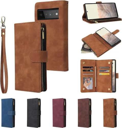 Vista 7 de UEEBAI Funda tipo cartera para Google Pixel 6, Funda de cuero PU Cierre magnético Bolso con cremallera Estuche de bolsillo con cremallera Ranuras