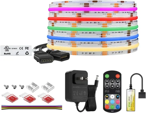 Vista 12 de BTF-LIGHTING Tira de LED FCOB COB RGBW 4000K Flexible Kit de Luz Uniforme de Alta Densidad Certificada UL DC12V Control Remoto RF de 16.4 Pies 12mm