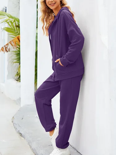 Vista 5 de AUXDIO Conjunto deportivo de 2 piezas para mujer, casual, con cremallera, sudadera con capucha y pantalón largo