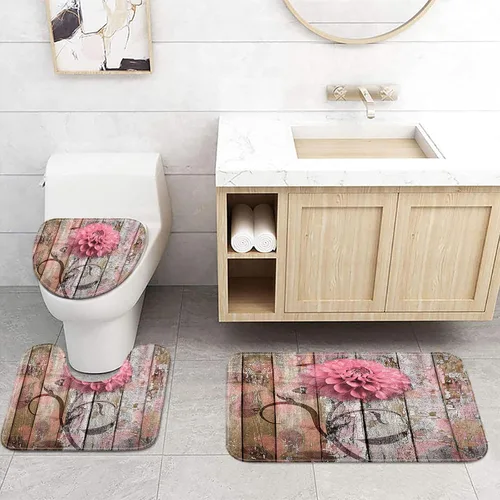 Vista 52 de JAWO Alfombra de baño con flores de granja, dalia en tablones de madera rústica, juego de tapetes de baño con flores azules, en forma de U