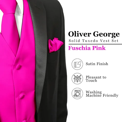 Vista 2 de Oliver George Chaleco formal sólido para hombre, 4 piezas, chaleco de esmoquin, corbata de lazo, pañuelo para traje o esmoquin