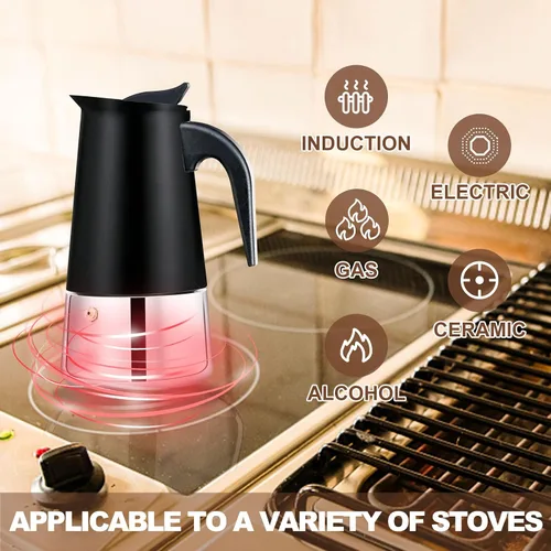 Vista 5 de Estufa de 2 tazas de acero inoxidable, cafetera italiana, capacidad para café moca, cocina clásica de inducción para el hogar y campamento, 3.3