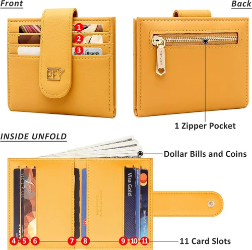 Vista 5 de Badiya Billeteras pequeñas para mujer, billetera plegable multitarjetero delgado con cremallera, Amarillo, Minimalista