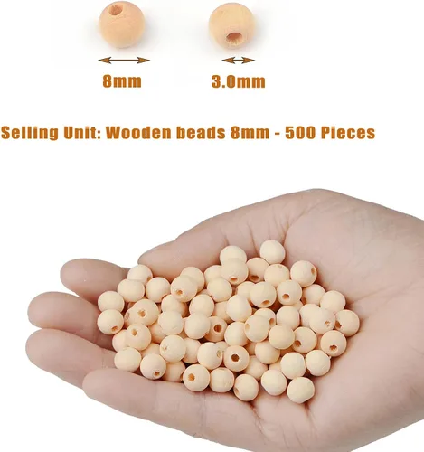 Vista 2 de AD Beads Cuentas de madera redondas naturales sin terminar para hacer guirnaldas, trenzas, macramé y joyería (0.315 in-500 piezas)