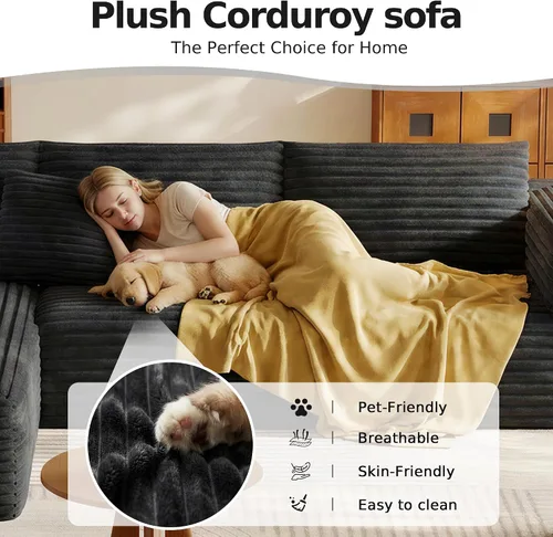 Vista 3 de Sofá Seccional Modular de 108.2" con Asiento Profundo, Sofá de Pana en Forma de L sin Estructura, Comodidad Moderna, Sofá Nube de Gran