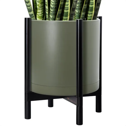 Vista 43 de Maceta de D'vine Dev con soporte - Maceta de flores de cilindro de plástico de 8.0 pulgadas con soporte de madera para interiores, maceta mate negra