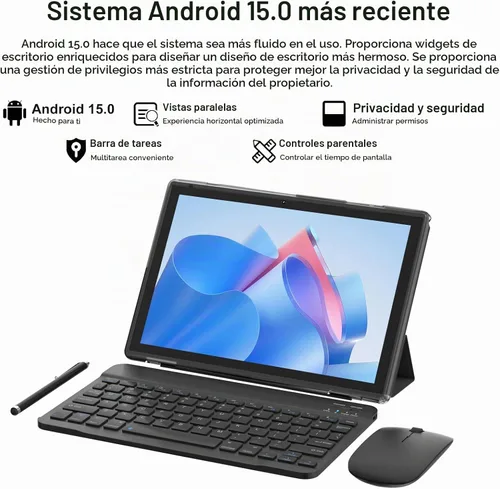 Vista 3 de Android 15 Tabalet con teclado Tablet 10 pulgadas Tablet 2 en Negro
