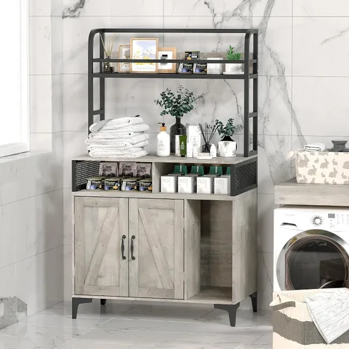 Vista 6 de Caja de arena para gatos con almacenamiento de estantes, muebles ocultos, gran caja de arena oculta para gatos, almacenamiento de madera para baño