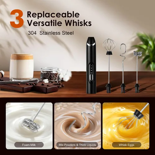 Vista 2 de Espumador de leche de mano con soporte, varita espumadora de café recargable con 3 cabezales desmontables de acero inoxidable, mezclador eléctrico