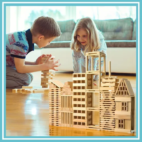 Vista 7 de Juego de bloques de construcción de madera, juguetes de construcción de bloques de tablones de 200 piezas, juguete educativo de madera STEM