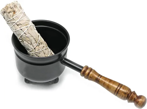Vista 5 de Caldero de incienso de salvia con mango de madera, para limpieza y bendición de manchas de hierro fundido (7 chakras)