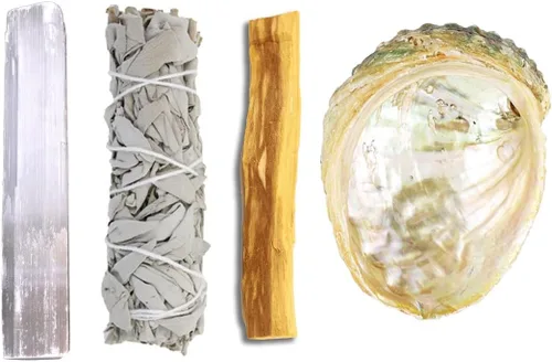 Vista 2 de SOUL STICKS El mini kit de manchas para principiantes incluye varita de selenita de concha de abulón 3-4 de salvia blanca y palo santo con guía