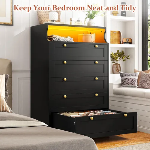 Vista 7 de EnHomee Black Dresser with 5 Drawers for Bedroom,Tall Dresser with LED Lights and 2 Shelves,Dressers & Chests of Drawers for Hallway,Entryway,Black