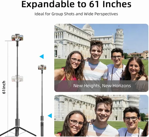 Vista 7 de Trípode para selfie stick de 61 pulgadas con control remoto Bluetooth, soporte extensible de aluminio resistente para vlogging con base de metal