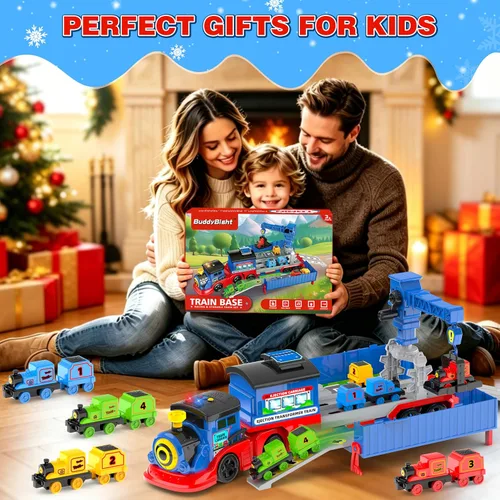 Vista 6 de Juego de tren de juguete 2 en 1 para niños pequeños, base de tren de catapulta con grúa torre móvil, 8 pequeños trenes magnéticos, efecto de luz