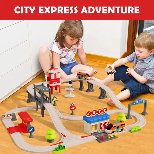 Vista 3 de Juego de tren urbano para niños, 55 piezas de tren eléctrico simulado sistema de transporte urbano, juguetes educativos para niños pequeños, regalos