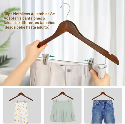 Vista 5 de TOPIA HANGER Perchas de madera para trajes con clips de metal ajustables (paquete de 10), perchas de ropa de madera maciza, gancho giratorio