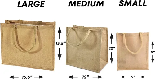 Vista 4 de Paquete de 12 bolsas de yute de arpillera con asas de algodón suave, bolsas de arpillera interior laminadas, bolsas de arpillera para playa