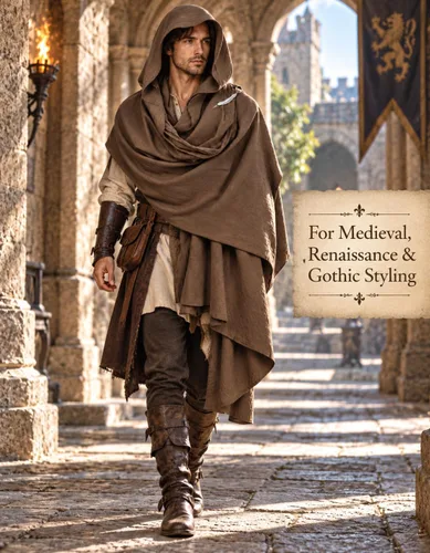 Vista 6 de JPXH Conjunto de bufanda con capucha con cinturón y muñequeras para cosplay medieval Marrón