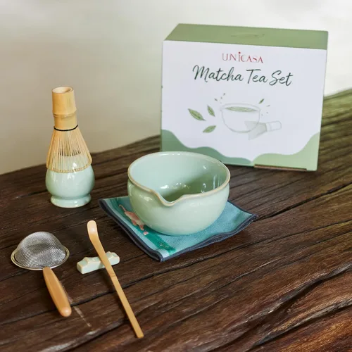Vista 3 de UNICASA Juego de 7 batidores de matcha, 72 dientes de bambú Chasen, cuenco Verde claro
